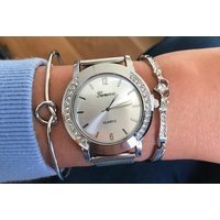 Crystal Mesh Watch & Bracelet Set 3Pc - Silver | Wowcher RRP £38.00 Sale price £12.99