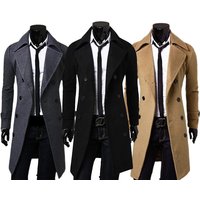 Men'S Double-Breasted Long Coat - Black